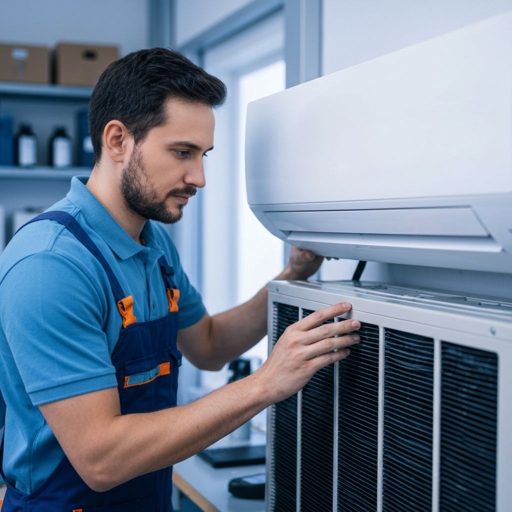 Professional technician servicing air conditioner unit