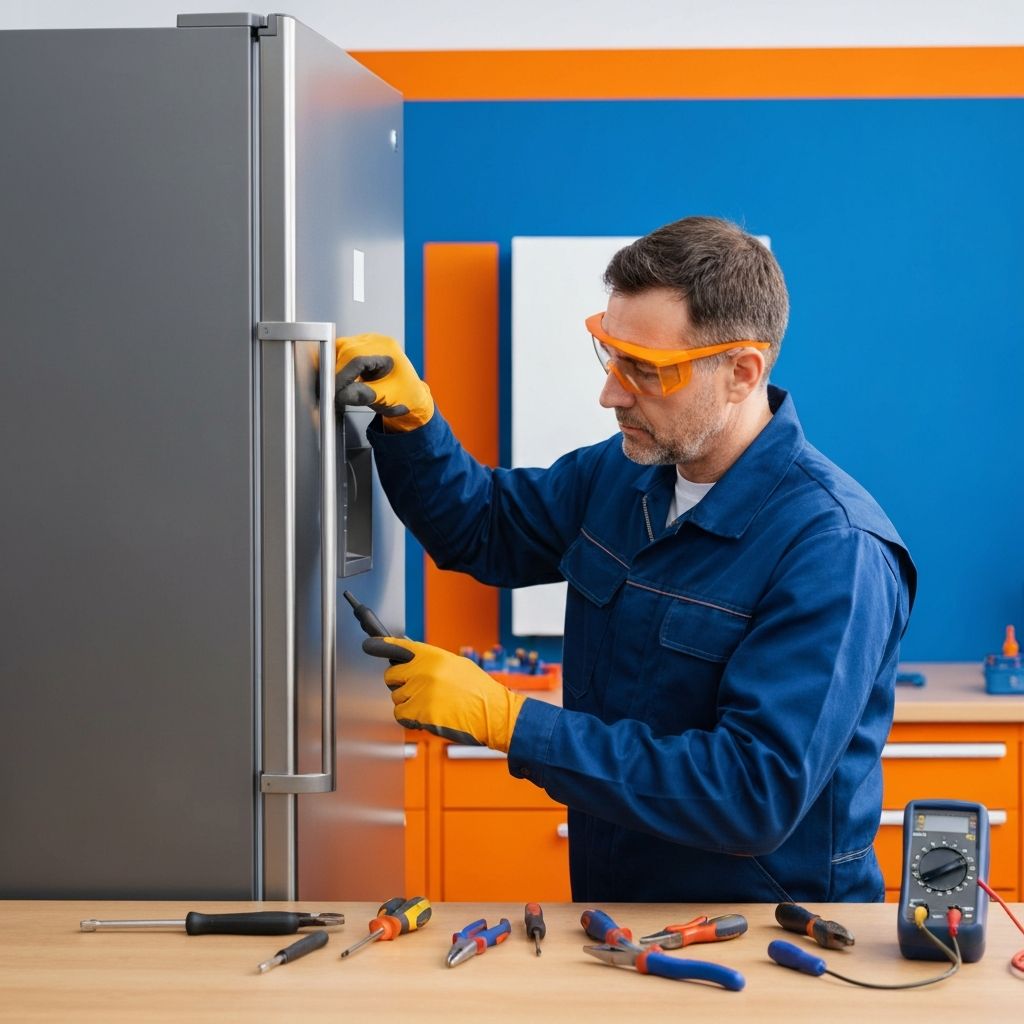 Professional technician servicing refrigerator