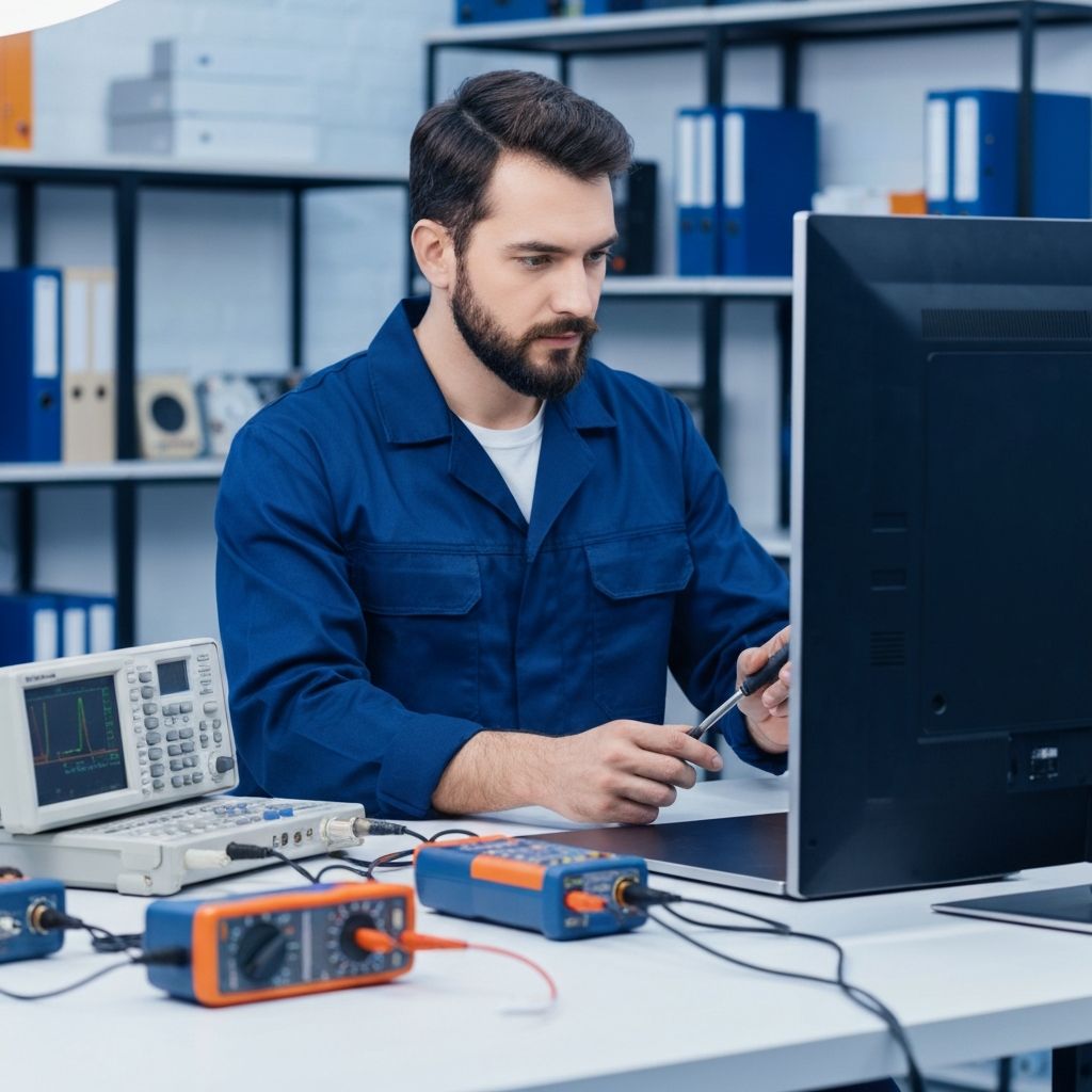 Skilled technician repairing television screen