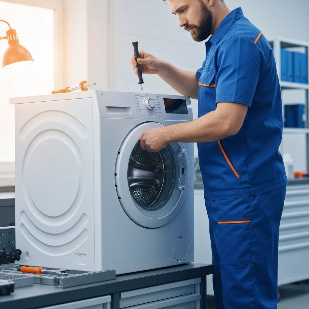 Professional technician repairing washing machine